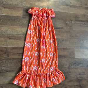 Women's Mud Pie Orange Pink Ikat Off-Shoulder Maxi Dress S